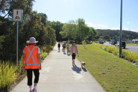 shared pathway with walkers, dogs on lead, bike riders