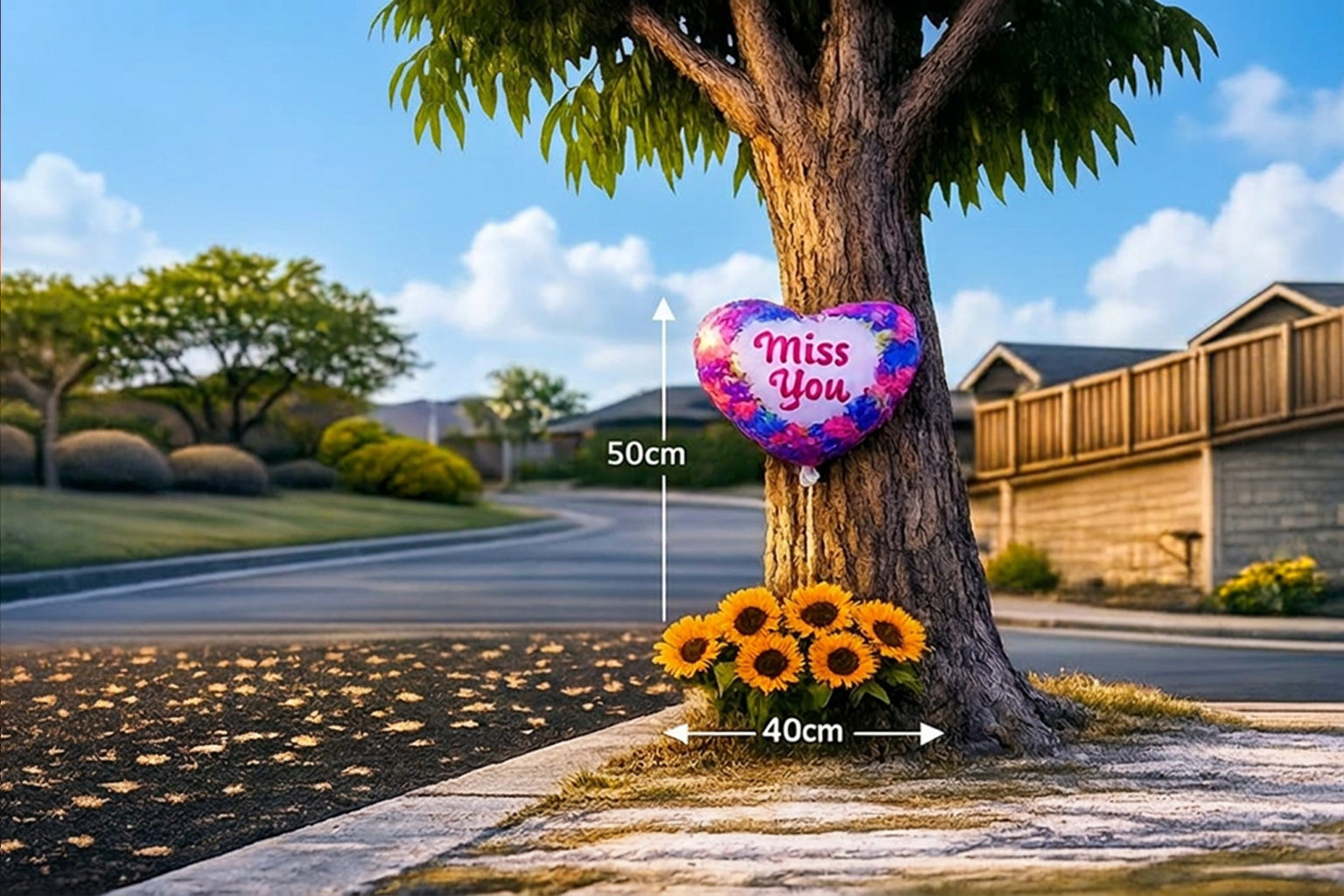 Roadside tribute placed at the base of a tree beside a road, showing maximum size limits of 50 cm high and 40 cm wide