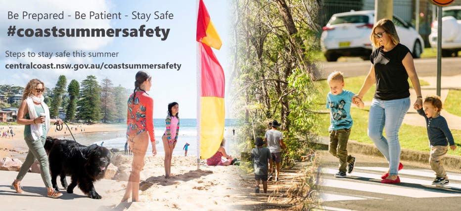 Coast Summer Safety merge of images of beach dog walking and holding hands on road