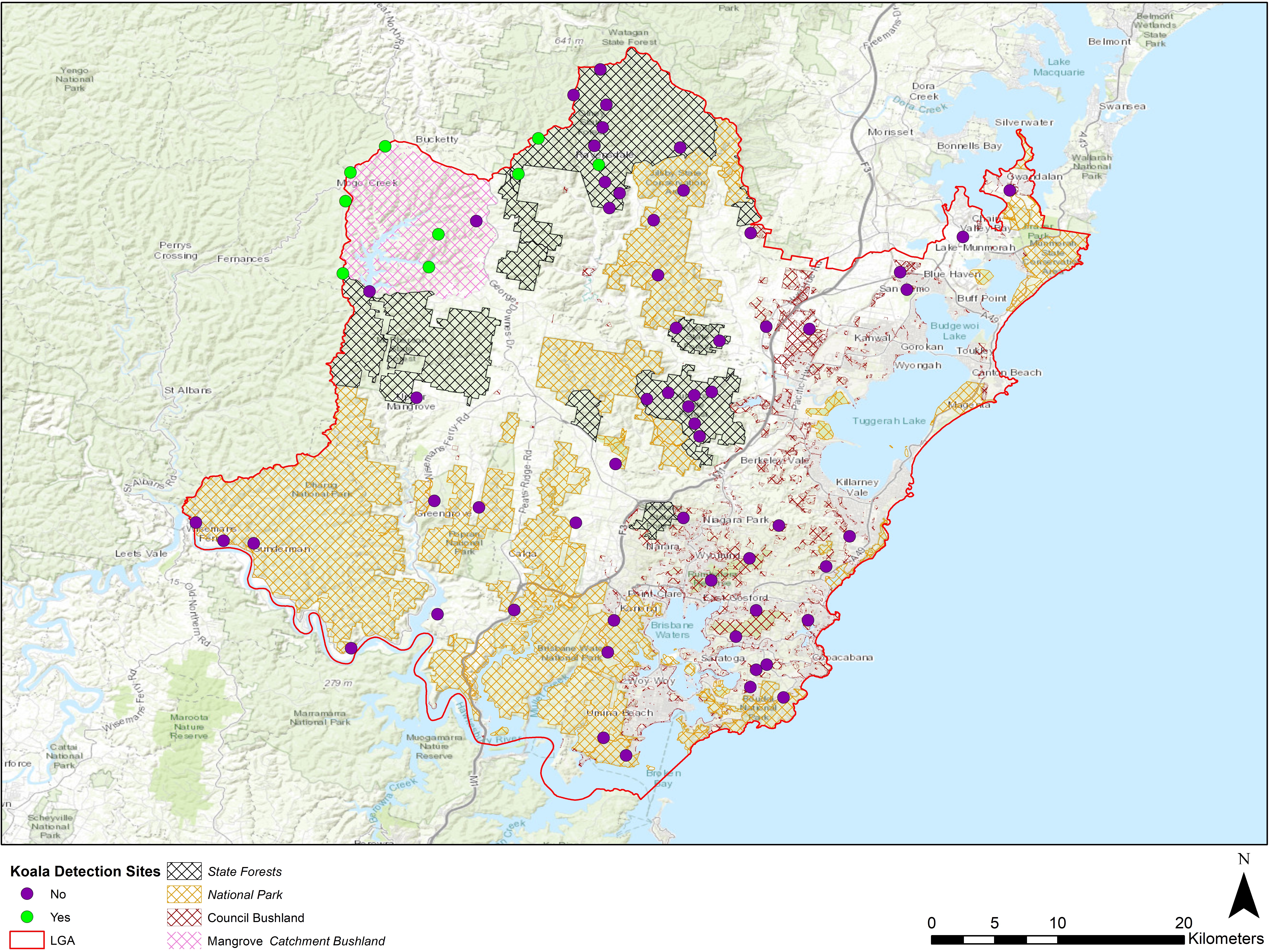 Map of Coast with plotted koala locations