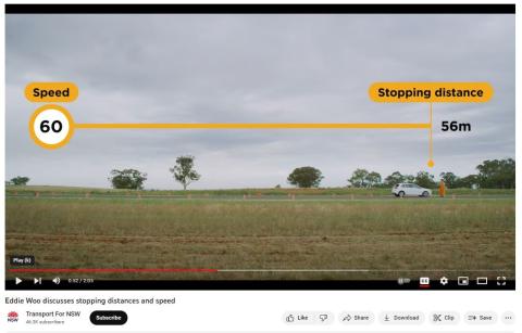Eddie Woo discusses stopping distances and speed YouTube video showing car and distance to a person