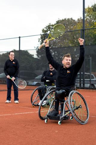 Dylan Alcott playing tennis at the Sport4All launch for Get Skilled Access