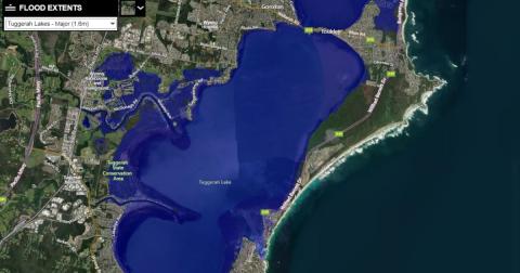 Flood risk tool for Tuggerah Lakes Satellite map of lake with flood water graphic