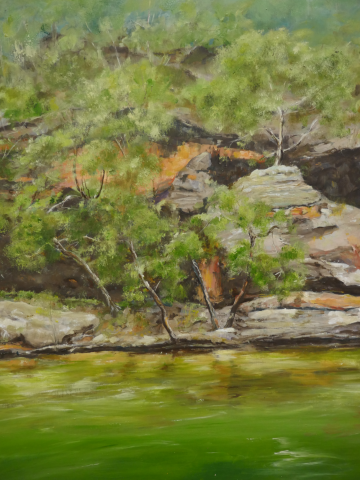 ‘Hawkesbury' by Gay Pickering painting of bush rocks and waterway