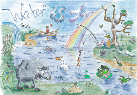 Picture of water with grassland at front. A rainbow is coming out of the water with a man fishing against a tree. Animals are enjoying the water including a donkey, white duck, fish and frogs.