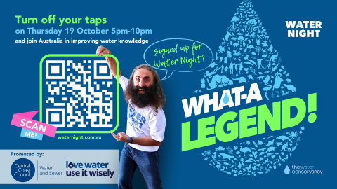 blue image with QR code asking people to sign up for 'water night' and not use taps between 5-10pm Thurs 19 October