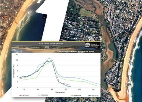Overhead photos of Wamberal beach and graph