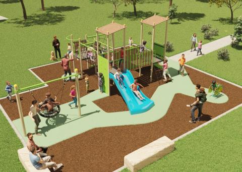 Outdoor playspace with slide and nest swing