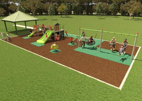 Outdoor playspace with two swings, two next swings and a slides