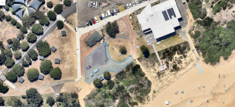 Umina foreshore landscape works aerial of site with beach and buildings