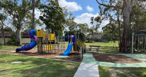 Kariong playspace reserve with trees and shade and play equipment