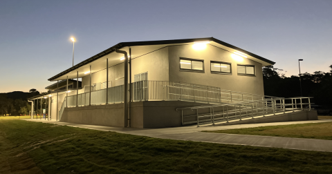 exterior of sports building at dusk