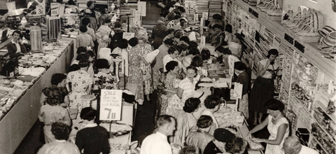 Mortimer's store sale c.1950's, Mann Street, Gosford. Courtesy of Central Coast Council Library Service Black and white image 1950s group people in store on Manns Street Gosford