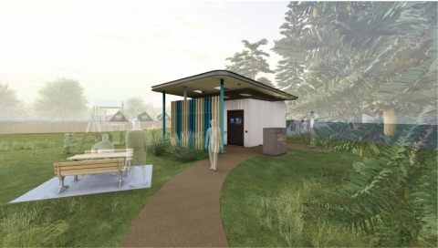 Karagi Point Reserve concept design 3D render of a public toilet facility