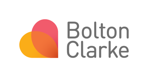 Bolton Clarke logo Two teardrop shapes in orange and red with the text Bolton Clarke to the right