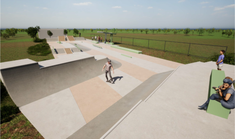 Frost Reserve Skatepark concept 1 3D render showing a skate park with skateboarders riding it